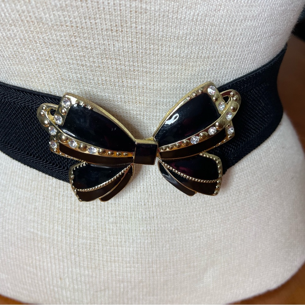 Vintage Elastic Butterfly Belt Black Golden Enamel Rhinestones Size S/ M/ L